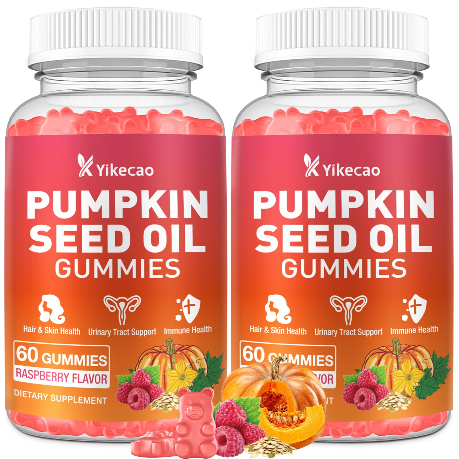 2 Pack Pumpkin Seed Oil Gummies, Pumpkin Seed Oil Supplement with Saw Palmetto for Hair Growth, Youthful Skin & Prostate Health, Non-GMO, Gluten Free, Vegan, Sugar Free, Raspberry Flavor, 120 Count