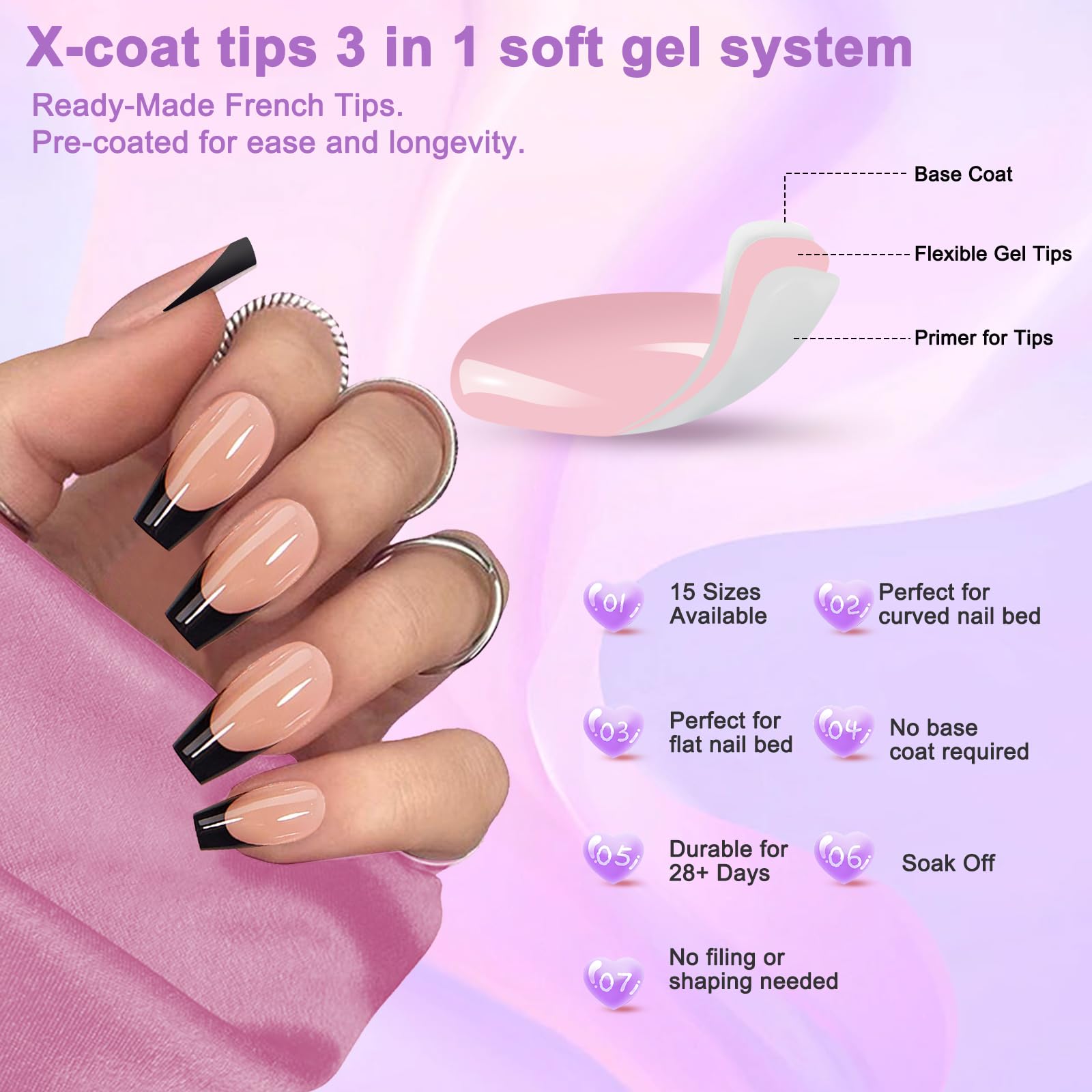 French Gel Nail Tips, 150pcs Medium Coffin Press on Soft Gel Fake Nails, 3 in 1 X-coat Pre-Applied Tip Primer & Base Coat - Image 2