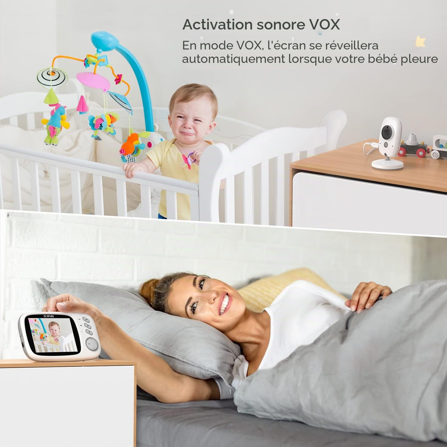 BOIFUN Bébé Moniteur, Caméra Bébé Écran 4" 2000mAh Batterie Rechargeable, VOX Détection du Son, Détection De La Température Et De L'humidité, Vision Nocturne, Soutien Berceuses