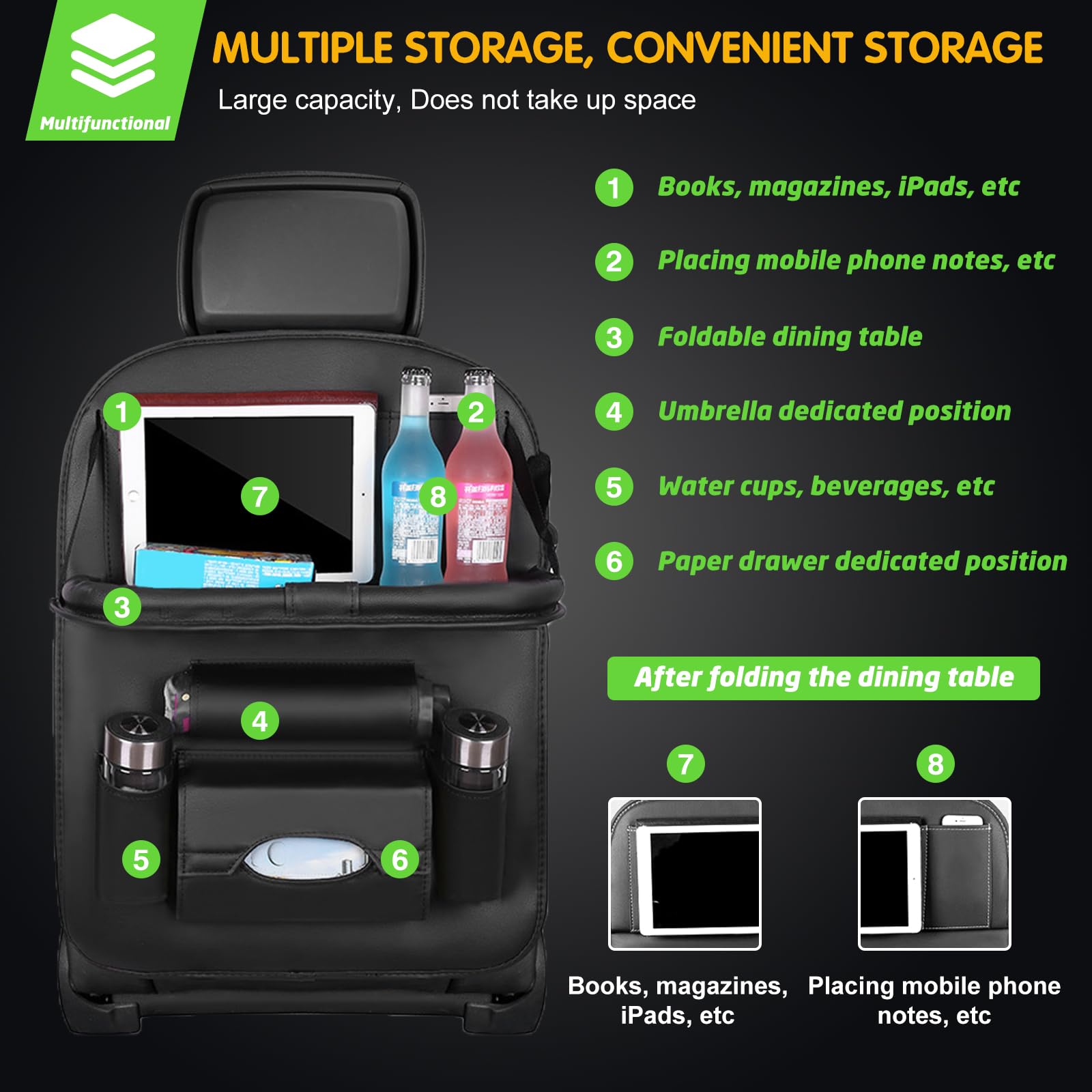 ElekTonny 2 Pack Car Backseat Organizer,with Tablet Holder PU Leather,8 Storage Pockets Car Storage Organizer with Foldable Food Tray,Used to Store Children's Toys, Magazines, Umbrellas