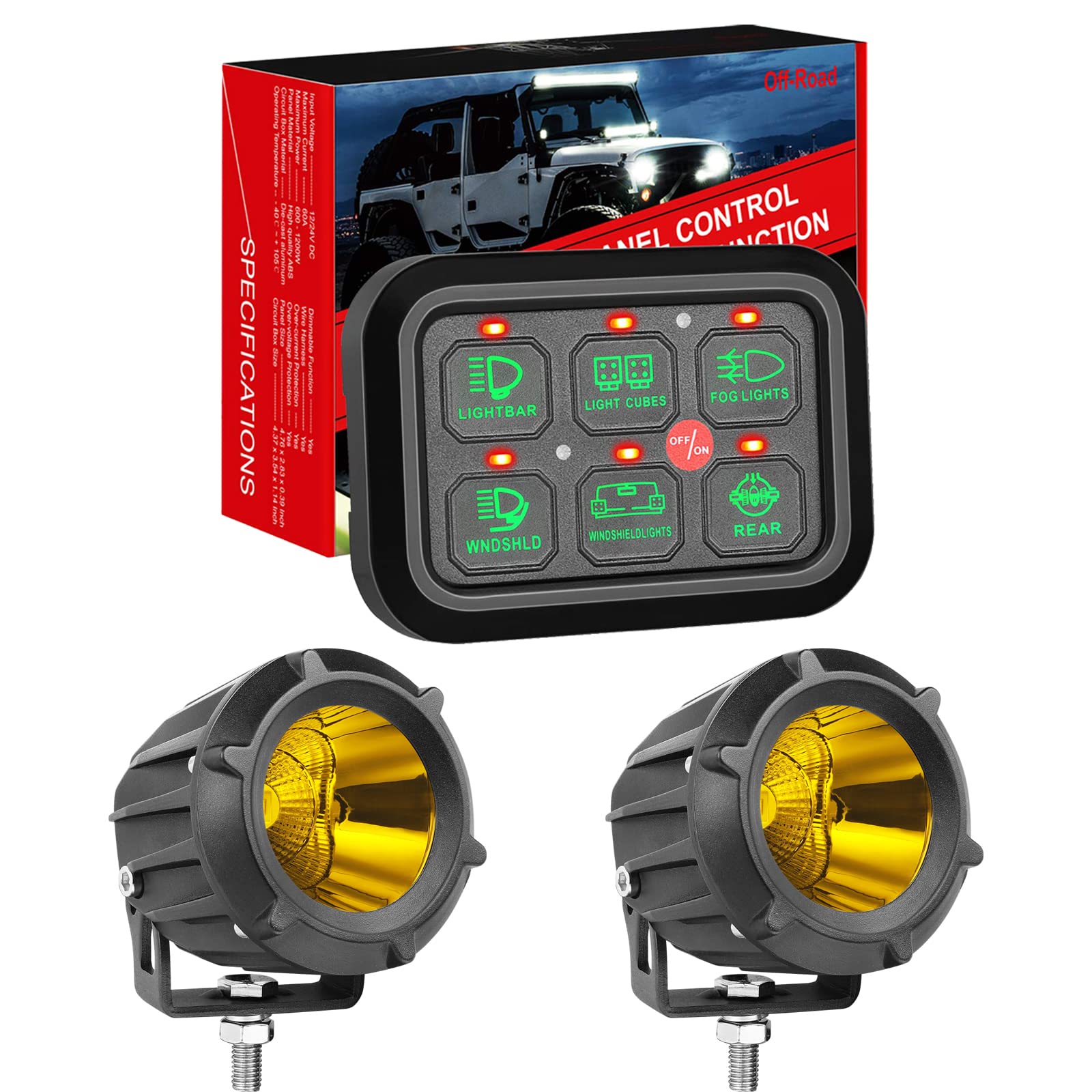 6 Gang Switch Panel Automatic Dimmable + 4 inch Fog Light Round Flood Spot Combo Beam Off Road LED Driving Light Waterproof Work Light for Motorcycle SUV Truck Wrangler Boat