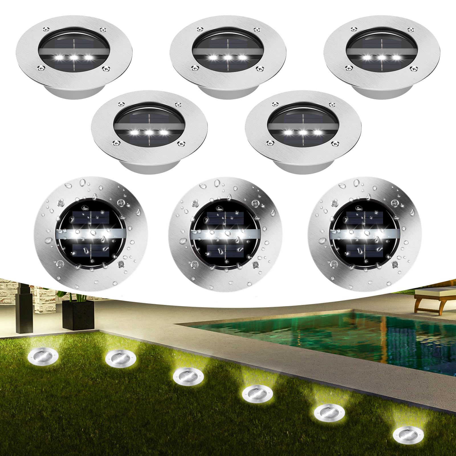 TOSHIN Solarleuchte für den Außenbereich, LED, Solarleuchte, für den Boden, Garten, wasserdicht, IP65, Solarstrahler für den Außenbereich, für Wege, Hof, Rasen, Terrasse, Pool, rund, kaltweiß, 8 Stück