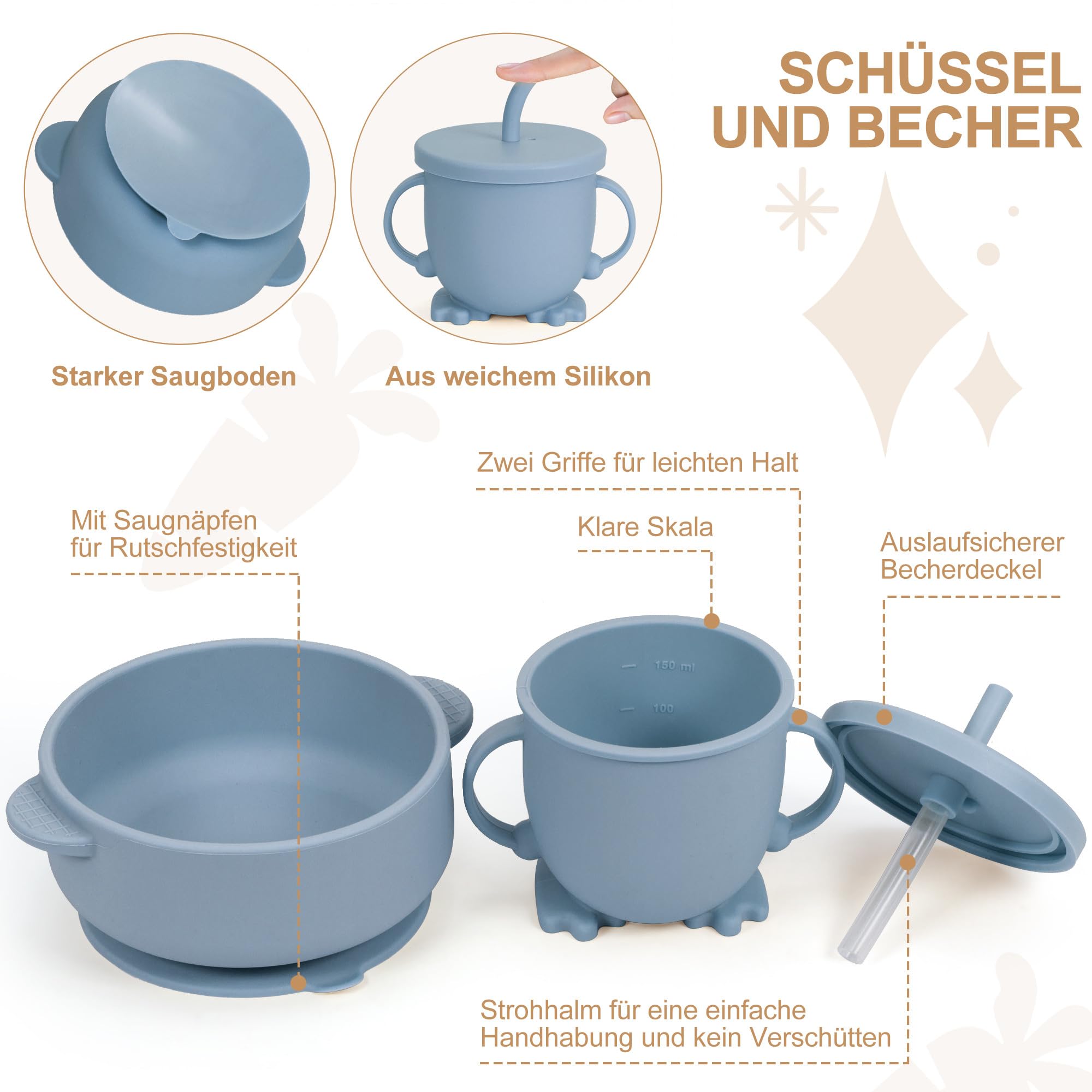 Set De Vaisselle Bébé 7 Pièces MOJINL - Silicone Antidérapant Avec Ventouses Et Bavoir