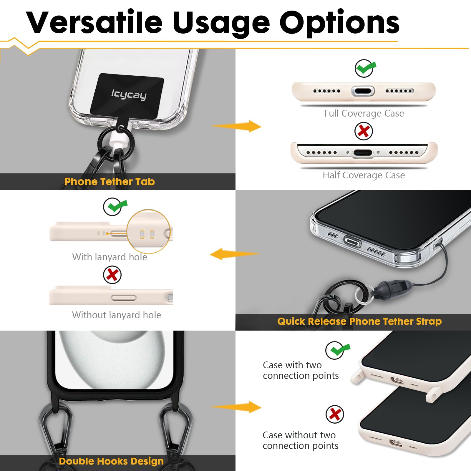 Icycay Cordón cruzado para teléfono, cordón para teléfono celular para alrededor del cuello, correa ajustable para teléfono, bonito cordón para iPhone, 1 Púrpura, Medium