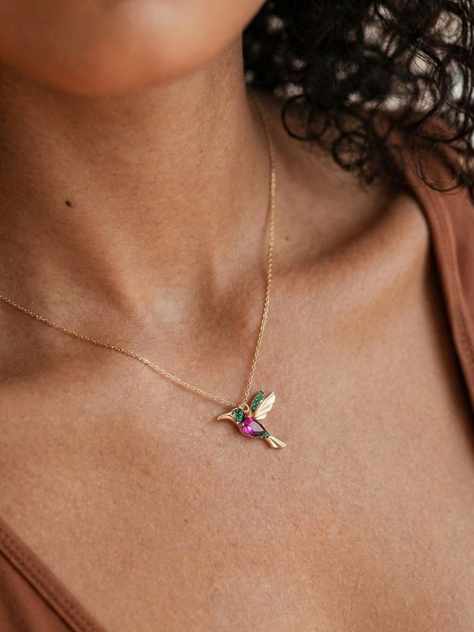 Einzelstück Collana con ciondolo a forma di colibrì, in argento Sterling 925, placcato oro, con zirconi cubici (colibrì oro)