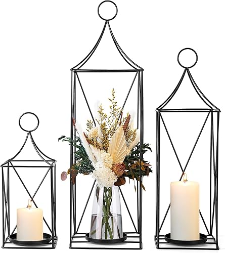 Juego de faroles de metal altos de 3-24, 19 y 13 pulgadas, elegantes portavelas para bodas, fiestas y decoración de Navidad, uso en interiores y