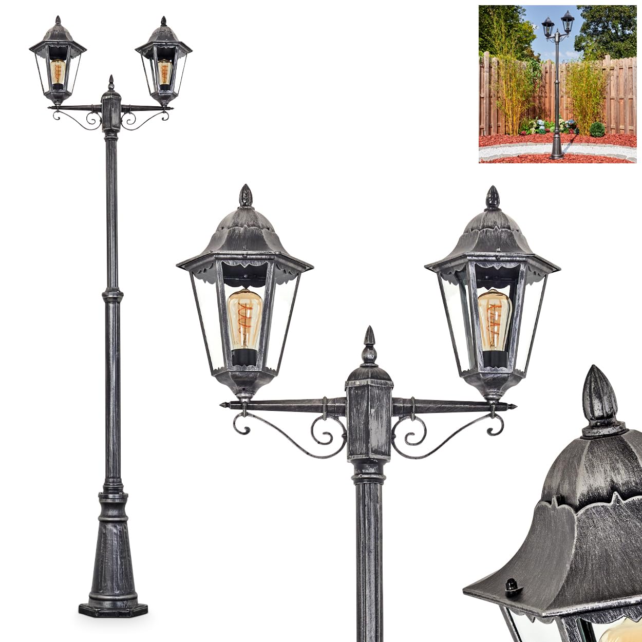 HOFSTEIN Kandelaber Lignac, Außenwegeleuchte aus Metall/Glas in Schwarz/Silber/Klar, verstellbare Wegeleuchte im Vintage/Antik/Landhaus-Design für Garten, Außenbereich, Hof, Höhe 230 cm, 2 x E27, IP44