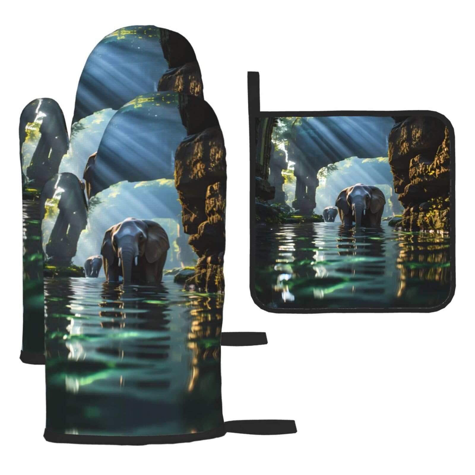 Asian elephant in the water Oven mittens and oven mitts three-piece set suitable for oven, grilling, baking, microwave and home cooking.
