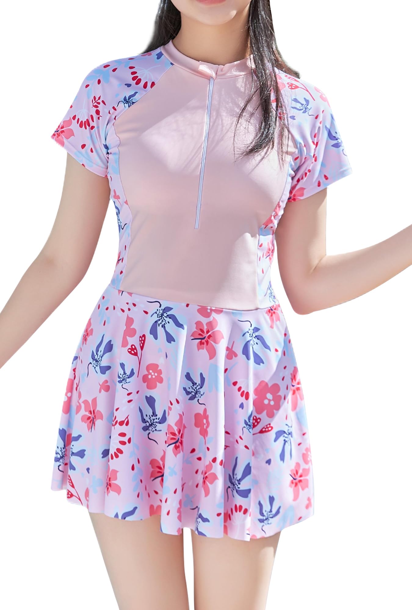 Happy Cherry Maillot de Bain Jupette Filles Manches Courtes Robe de Natation avec Short Eté Plage Surf Ados Fille 5XL