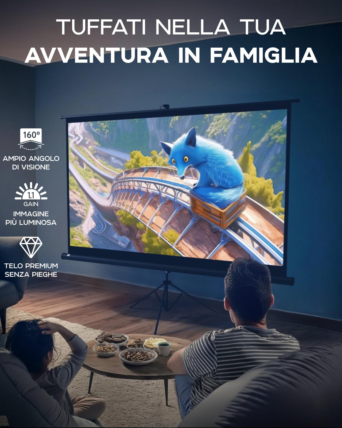 Telo Proiettore 100 Pollici - Porta il Cinema a Casa Tua con Questo Schermo per Proiettore da 16:9 Privo di Pieghe - Telo per Proiettore Portatile per Interni ed Esterni - Con Borsa e Treppiede