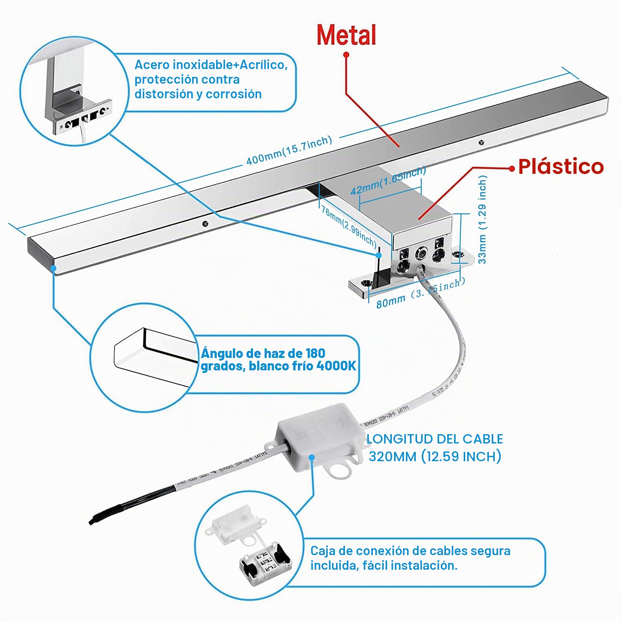Lámpara LED de Espejo 10W 820LM Lámpara de Baño, Blanco Neutro 4000K Lámpara LED de Pared Luz de Gabinete IP44 230V Luz de Espejo de Baño de 40cm