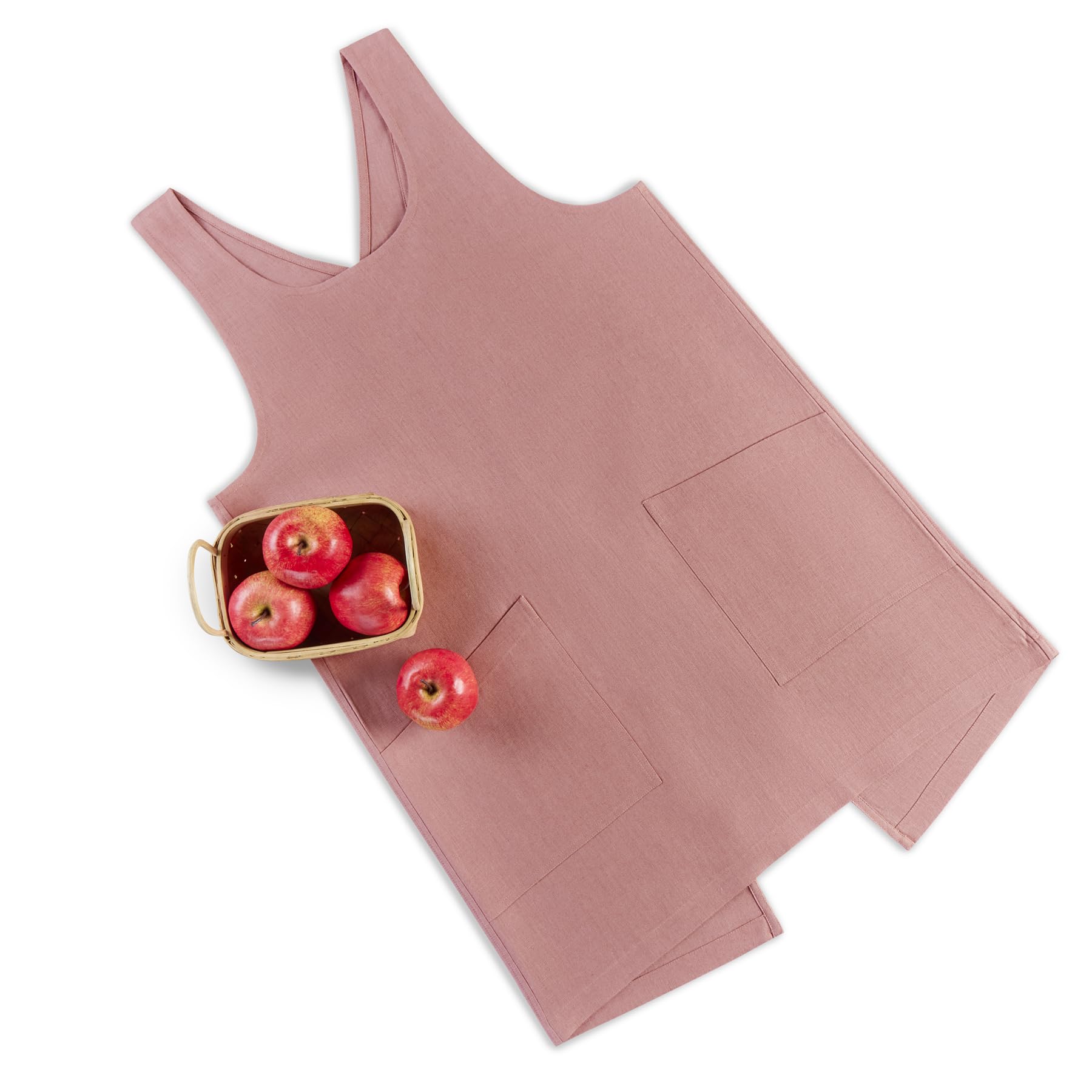 Solino Home European Flax Linen Apron - Handcrafted Cross Back Pinafore with Pockets for Women - 100% Pure Linen Smock for Gardening, Kitchen, Pottery & Baking - Dusty Rose