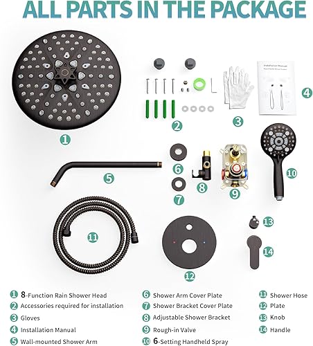 Miniatura 75 de SR SUN RISE Sistema de ducha – Sistema de cabezal de ducha de alta presión de 12 pulgadas – 6 ajustes de cabezal de ducha de mano – Juego de grifo