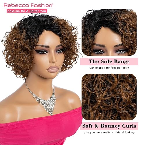 Miniatura 5 de Rebecca Fashion Pelucas de cabello humano corto y rizado para mujeres negras, linda peluca rizada estilo Bob, parte lateral, sin encaje, pelucas