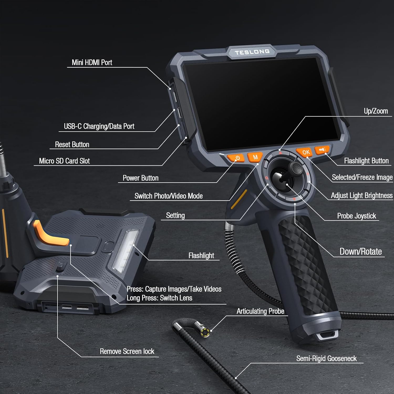 360 Articulating Borescope with 6” Monitor, Teslong Mechanics Inspection Camera with 4-Way Joystick Articulation, HD Steerable Endoscope Camera with Light, See in Wall Engine Hole Camera(0.24inch-5FT) - Image 8