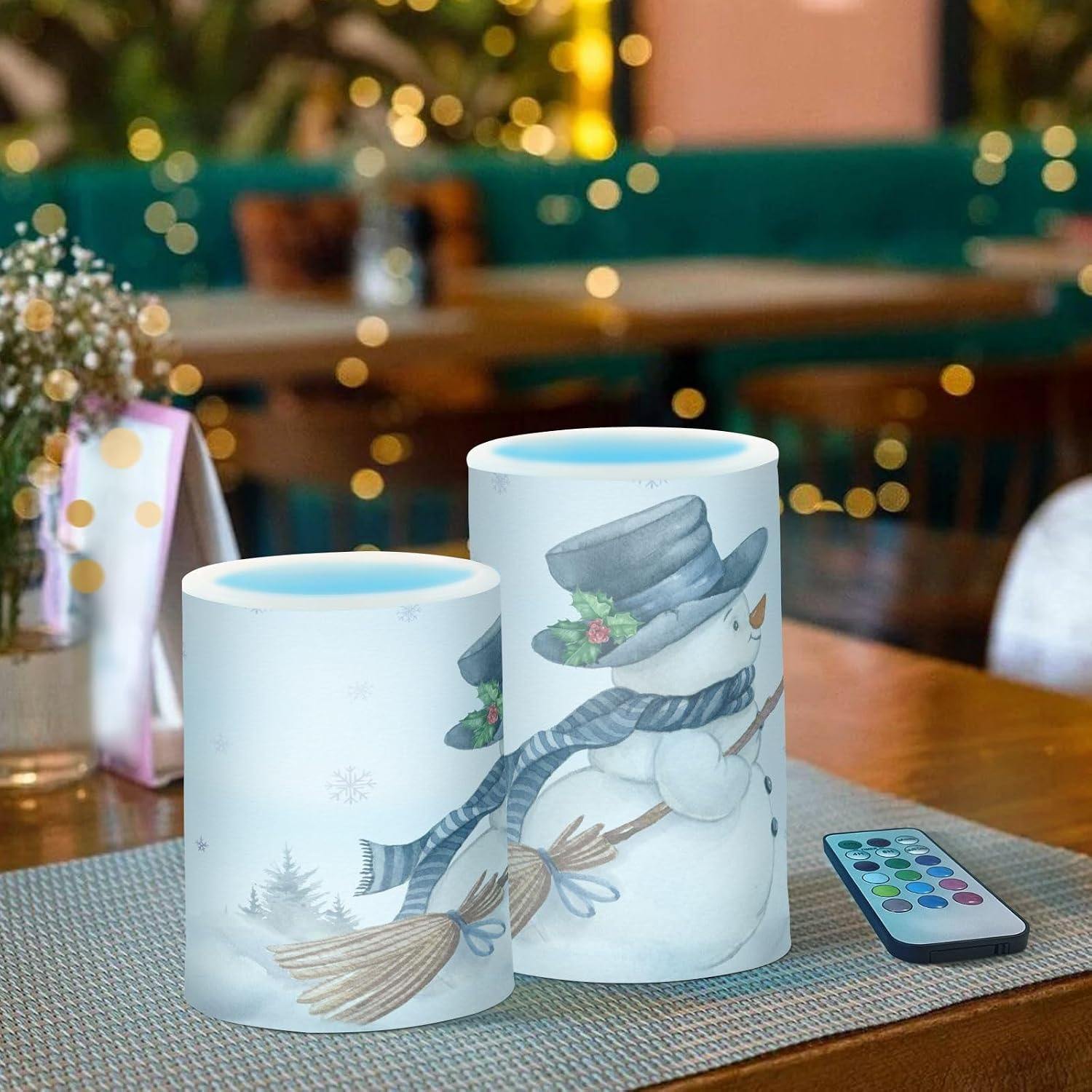 New Year Winter Snowman Snowflakes Flameless Candles with Remote Set of 2, Remote Control Battery Operated LED Candles Indoor Outdoor for Home Decor Living Room Garden Decoration