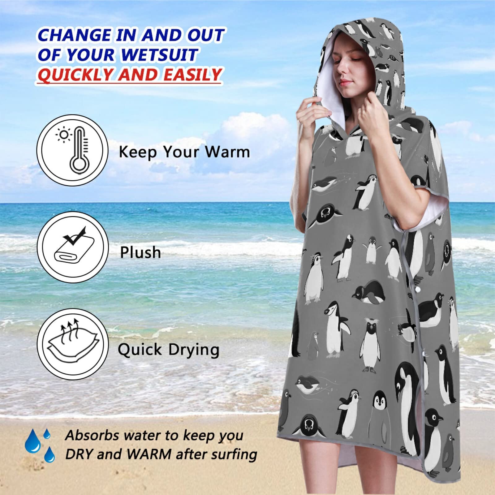 Verschiedene Cartoon-Pinguine, nahtloses Muster auf grauem Surf-Poncho, Wickelmantel mit Kapuze und Tasche, schnell trocknender Bademantel, Mikrofaser-Handtuch, Neoprenanzug für Bad, Strand, Outdoor