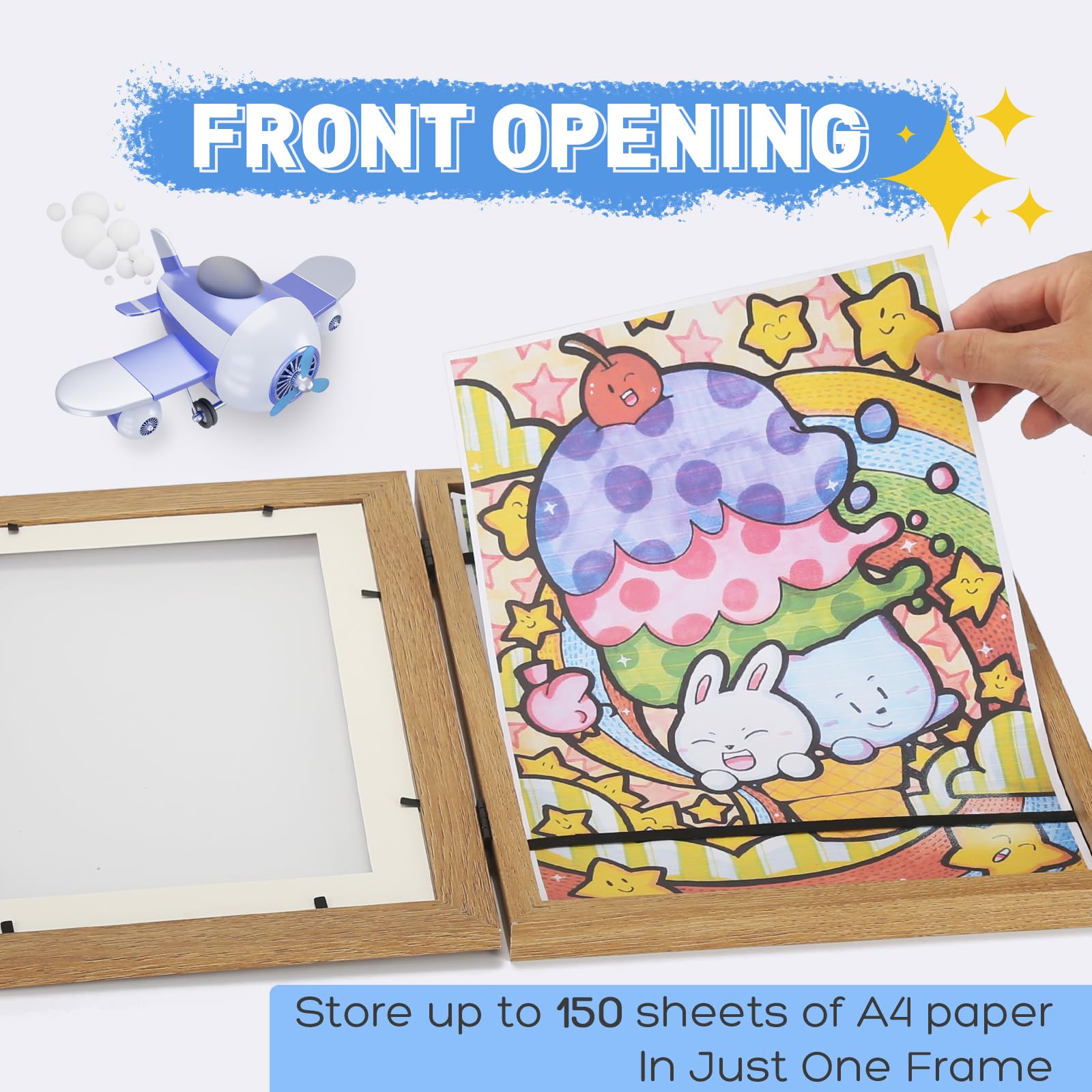 BESTOOL Frontöffnung Bilderrahmen für Kinderzeichnungen, Befüllbar Kinder Kunst Fotorahmen, Kids Art Frame Holz für A4 (Holz)