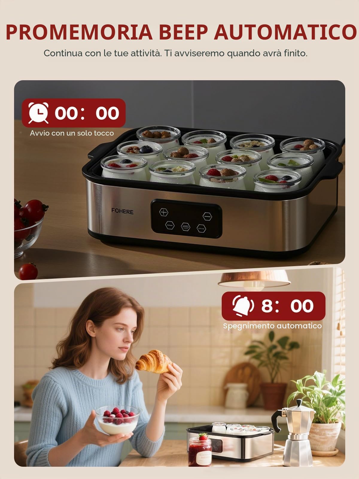 FOHERE Yogurtiera Elettrica con LCD Display, 12 Vasetti da 180 ml in Vetro, Timer 48 Ore e Controllo Costante Della Temperatura, BPA Free, Yogurt Greco, Ideale per Yogurt Fatti In Casa