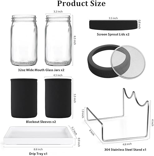 Miniatura 2 de Kit de germinación de semillas, 2 tarros grandes de boca ancha con tapas de brote, mangas opacas, bandeja de drenaje, soporte de acero inoxidable,