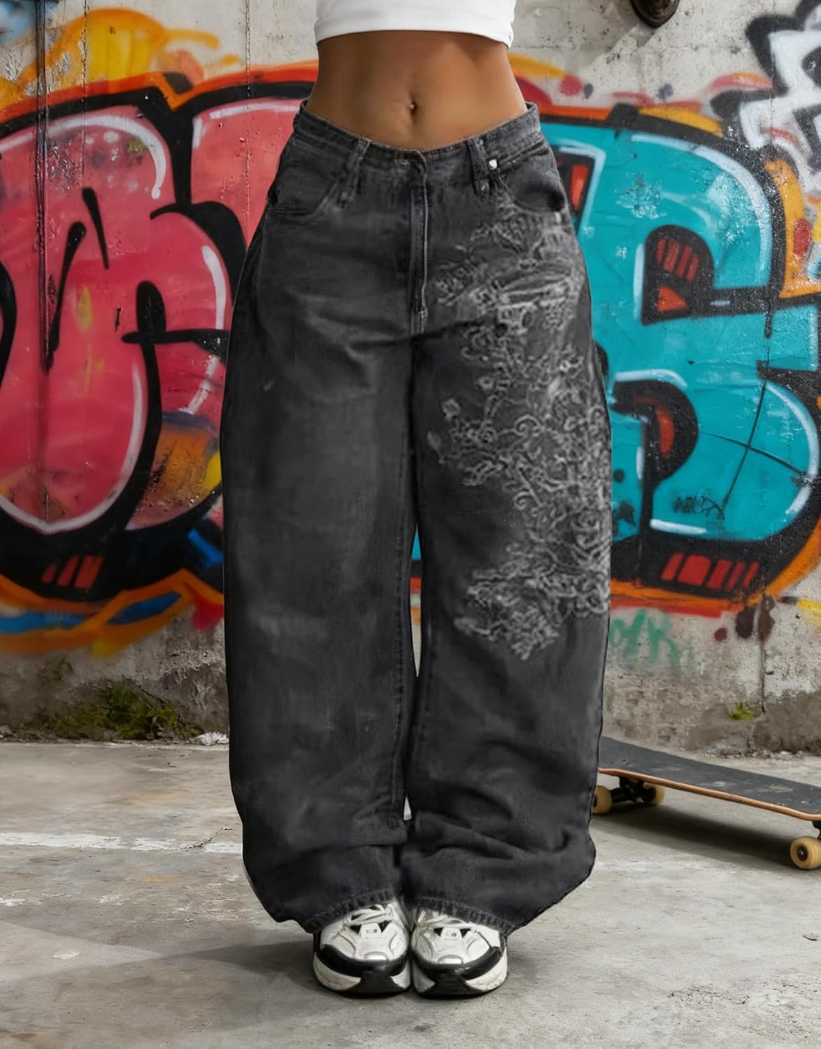 Baggy Y2k Jeans for Women Men,Hip Hop Vintage Wide Leg Print Jeans Black Goth High Waist Denim Pants Street Wear - Image 3