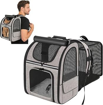 PETCUTE Cat Backpack Carrier with Breathable Mesh,Expandable Cat Backpack with Safety Leash,Foldable Pet Carrier Backpacks for Medium Cats and Small Dogs,Puppies Up to 17 Lbs