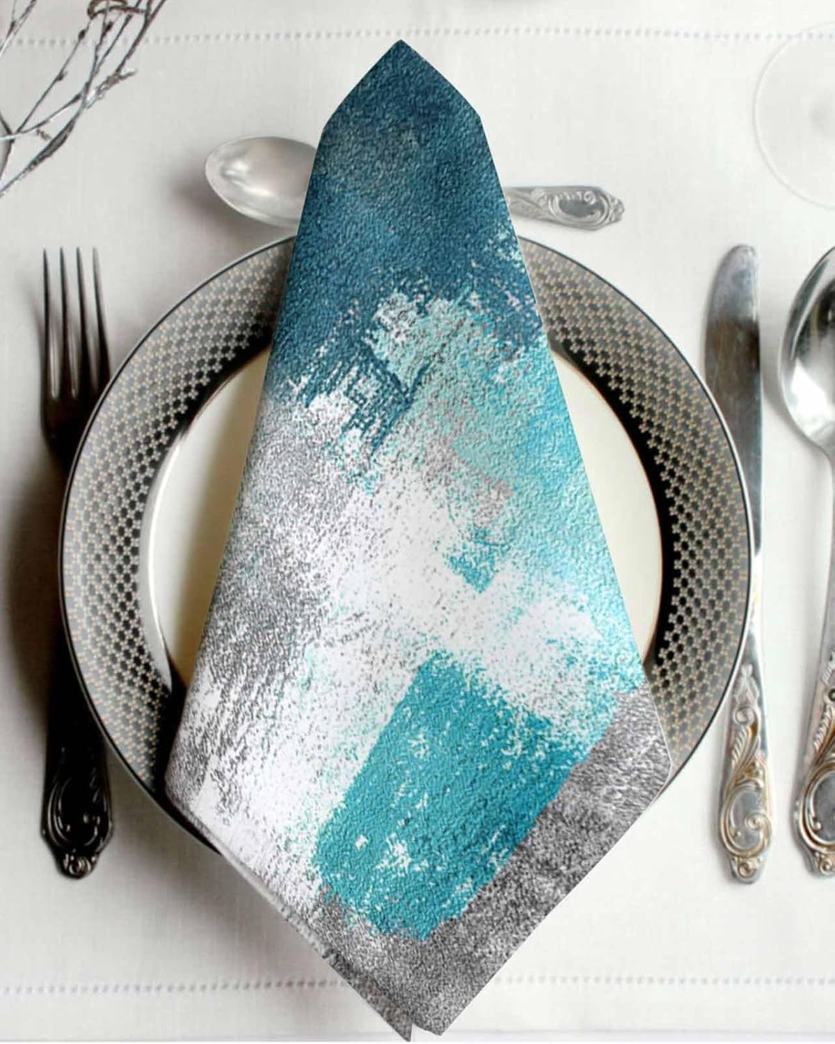 Turquoise Gray Cloth Napkins Set of 6, Geometric Teal and Grey Cocktail Napkins 20 x 20 Inch, Abstract Art Oil Painting Washable Reusable Dinner Table Napkins for Farmhouse Wedding Holiday Party