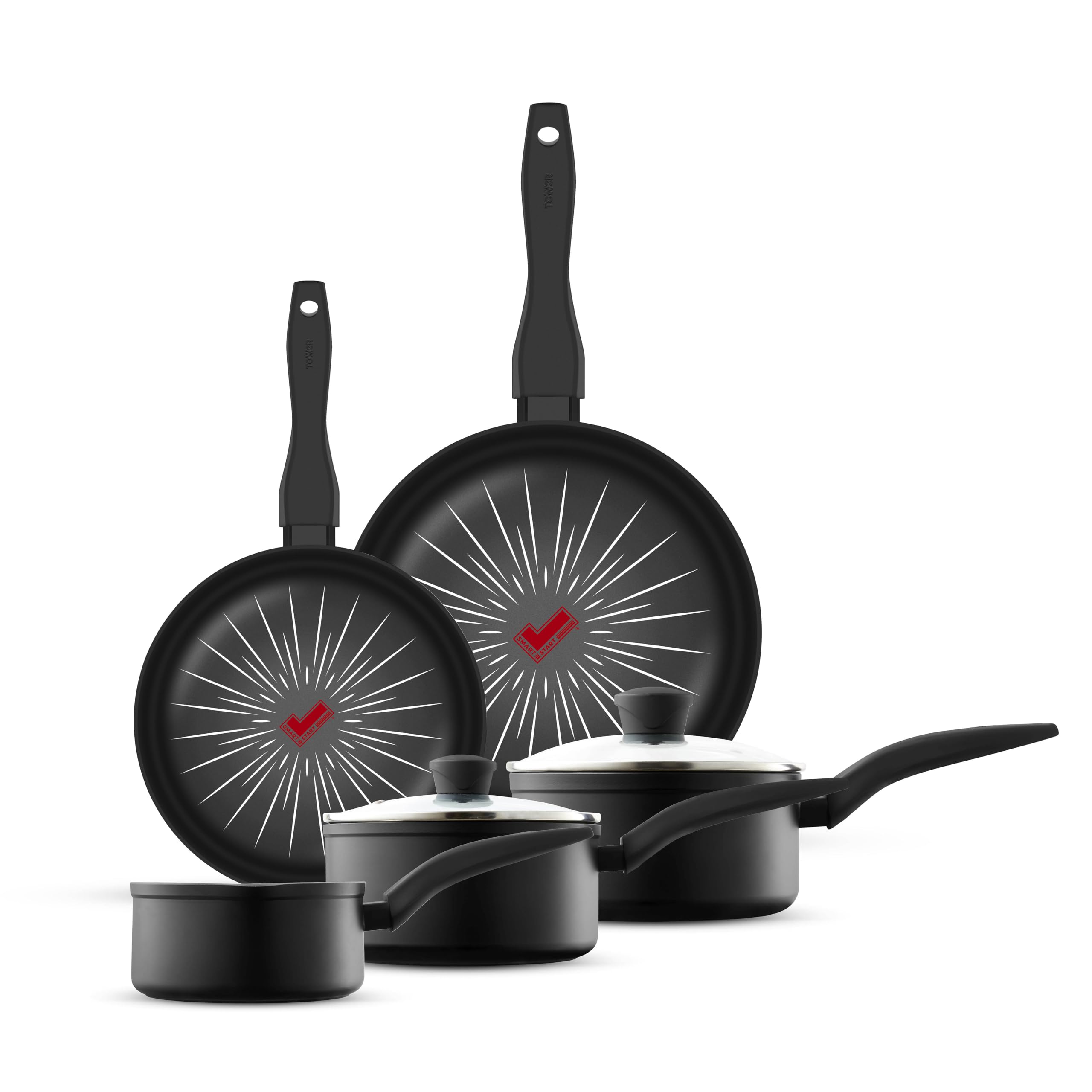 Tower Black T800304 Smartstart Forged 5 Piece Cookware Set With Easy Clean Aeroglide Non-Stick Coating, 8X Stronger, Oven Safe, Long Lasting, Pfoa Free,