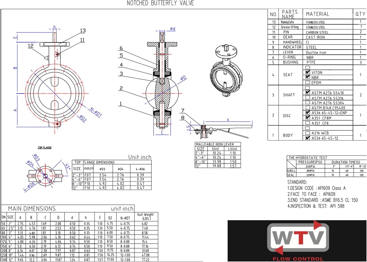 Detailed engineering drawing of a notched butterfly valve with main dimensions and material specifications