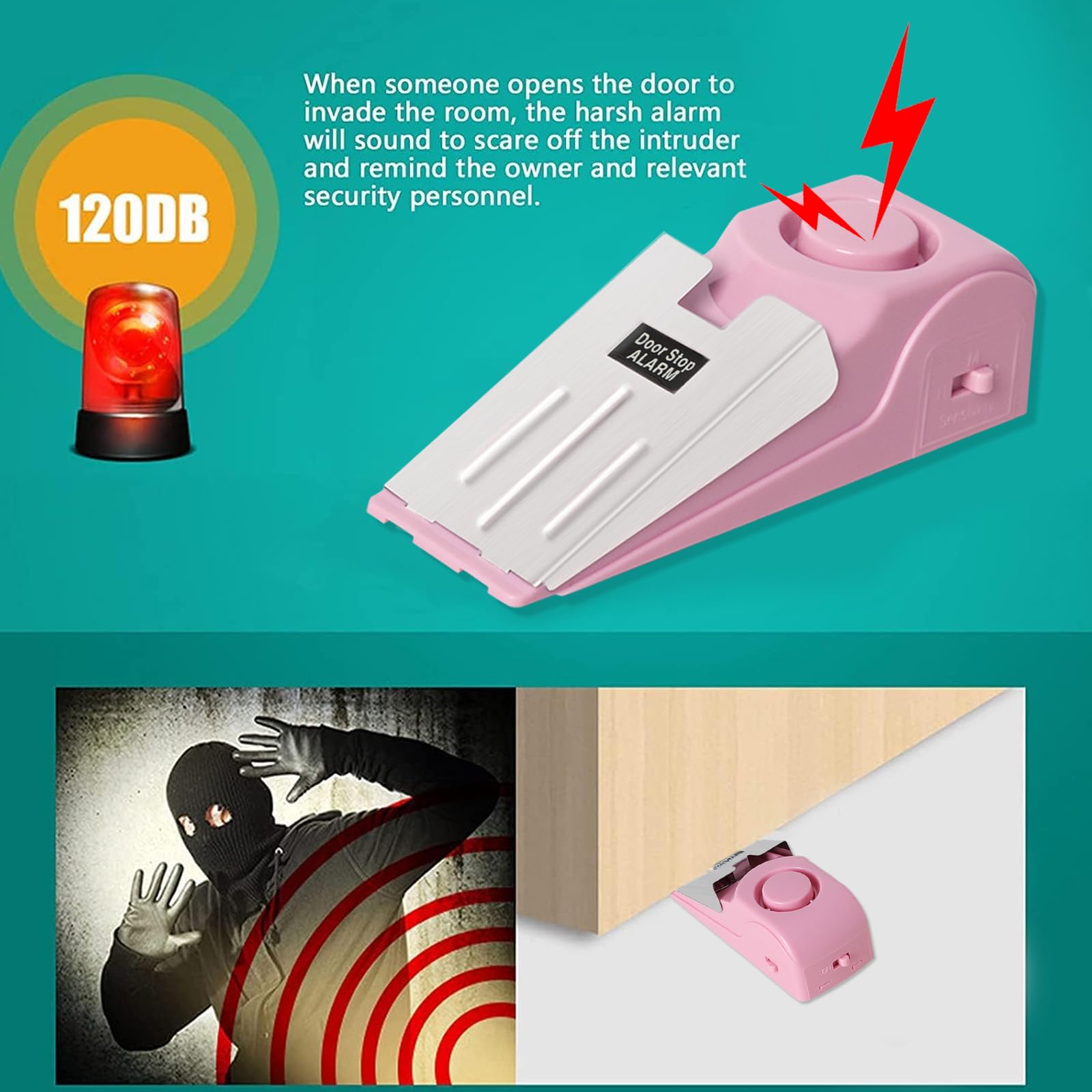 HNHMT Tragbarer Türstopper-Alarm, Türstopper mit 120 dB lautem Sicherheitsalarm, Reisetür, Türstopper, Keilsensoren, Sicherheitsvorrichtungen für Reisen, Wohnung, Hotel und Zuhause, Rosa, 2 Stück