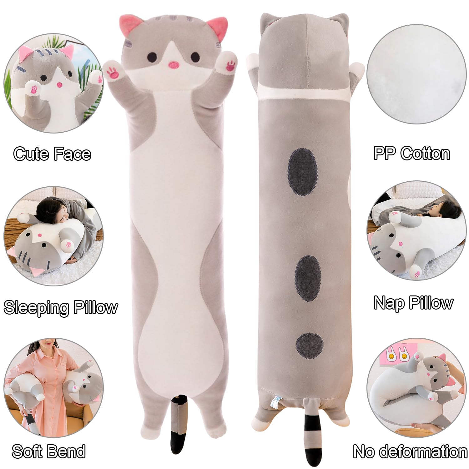 Kekeso Gatto Peluche Cuscino Lungo, Morbido Carino Gatto Cuscino Di Peluche, Gattino Ripiene Carino Peluche Regalo Per Bambini Fidanzata (50cm/19.68inch, Gray)