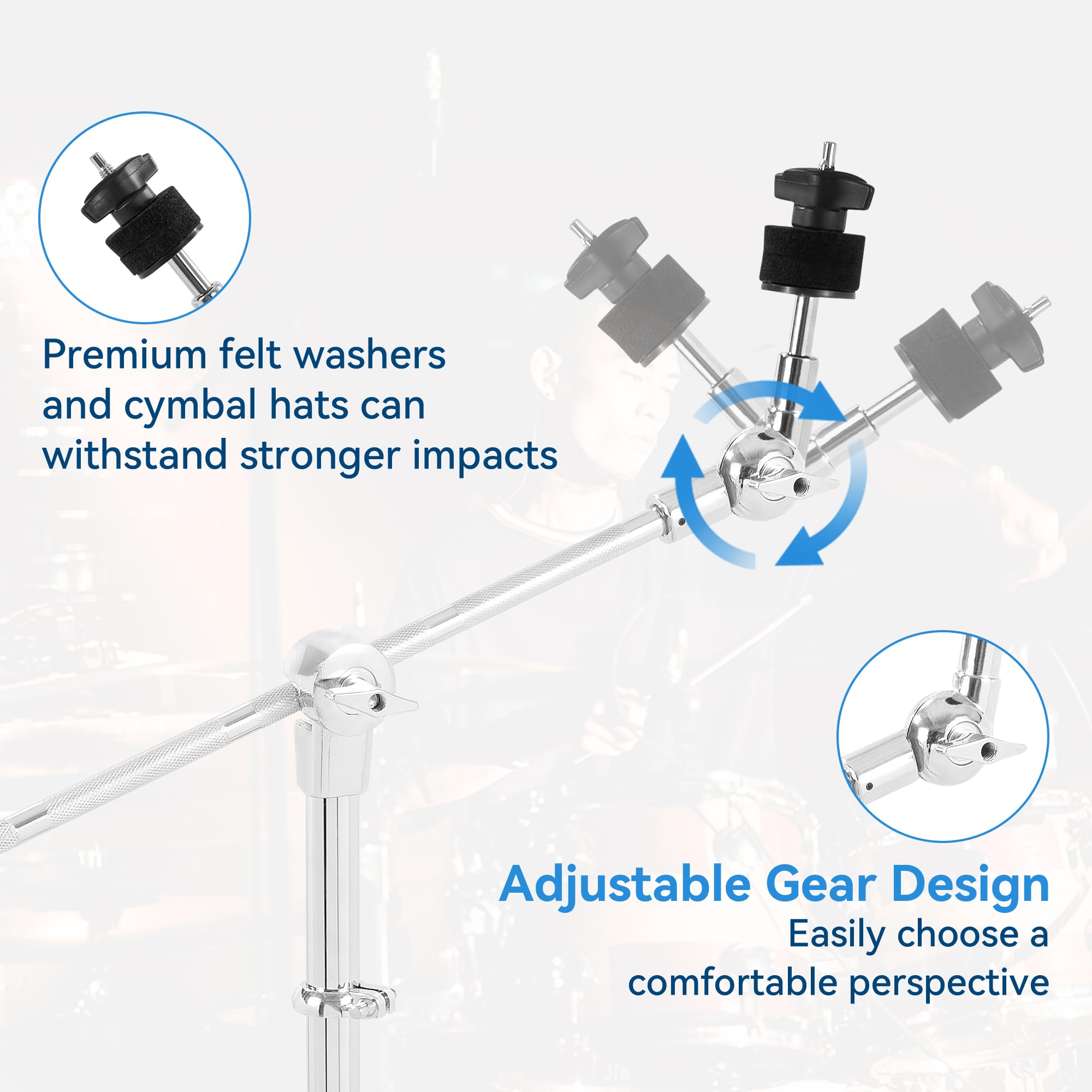 AKOZLIN Boom Cymbal Stand, Basin Stand with Galgen, 84-115 cm Height Adjustable, Double Stretched Tripod, Chrome