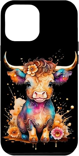 Funda retro para iPhone 13 Pro Max con diseño de vaca de acuarela para bebé, diseño de vaca escocesa