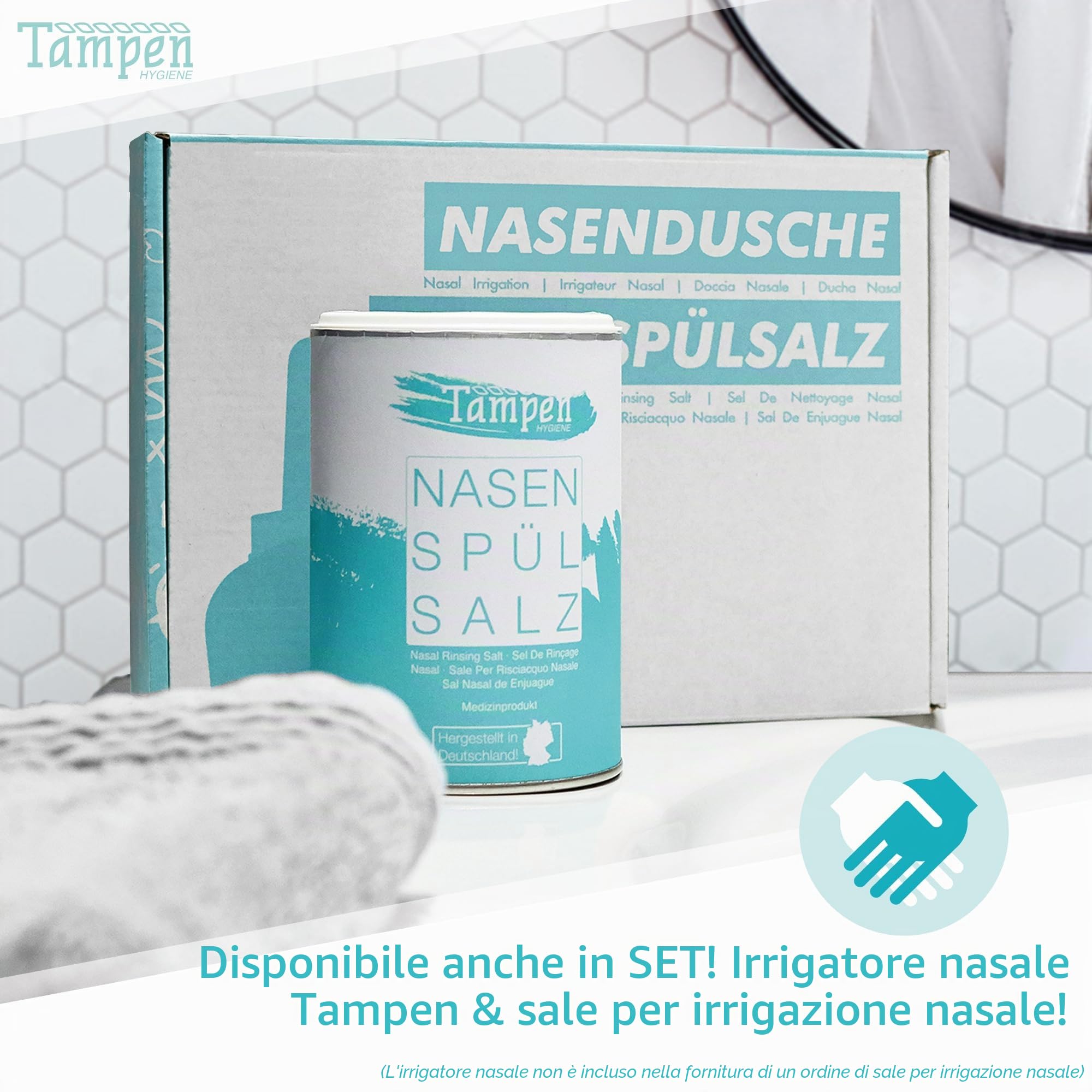 Tampen Hygiene, Nasenspülsalz, sale per lavaggi nasali (sfuso), con cucchiaio dosatore. 120 applicazioni. Ricarica da 300 g. Sale per docce nasali (etichetta in lingua italiana non garantita)