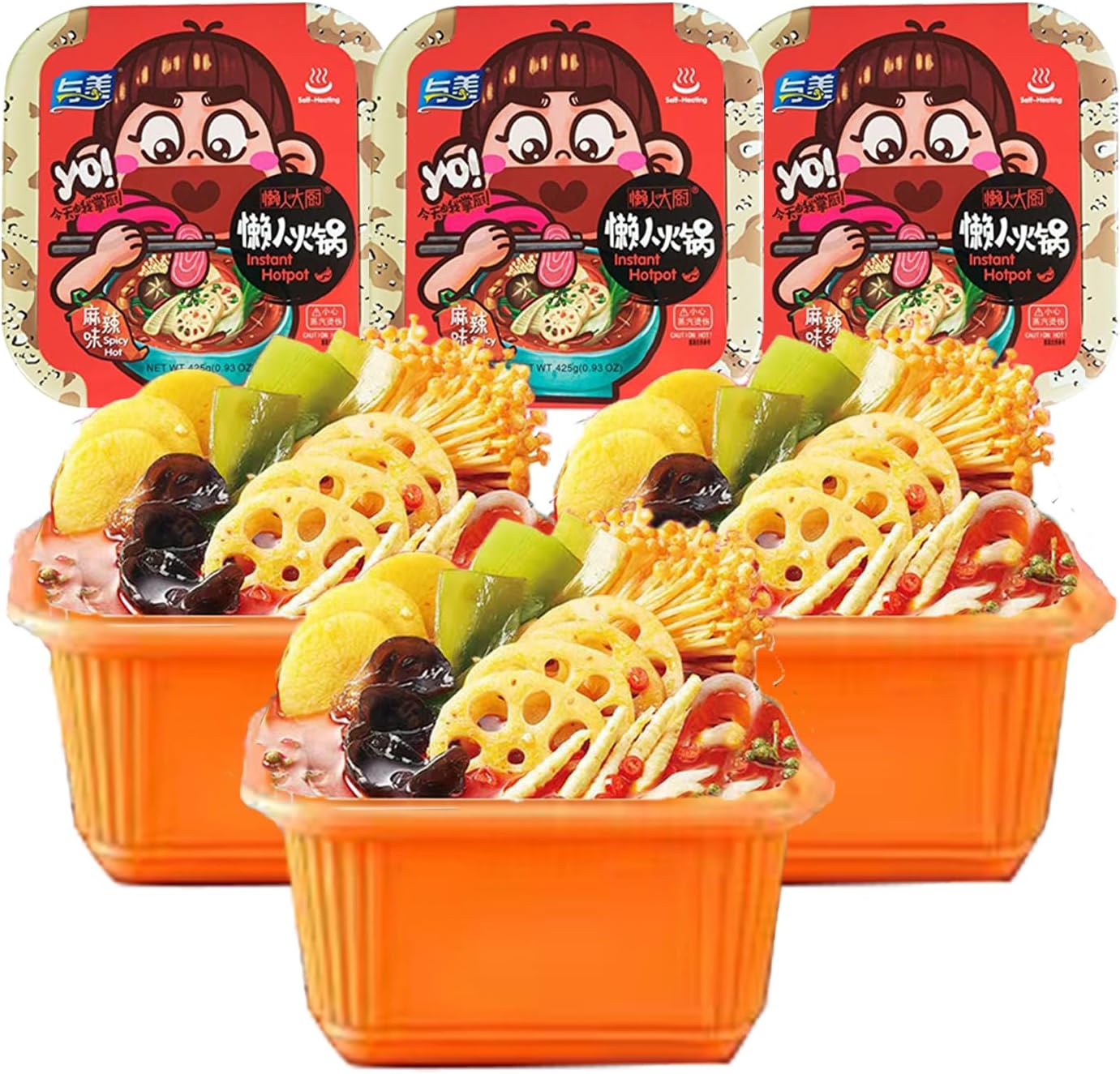 Yumei Instant Hotpot Self-Heating 425g, with Vegetables and Noodles in, Golden Soup Flavor Pack of 3 (Golden Soup)