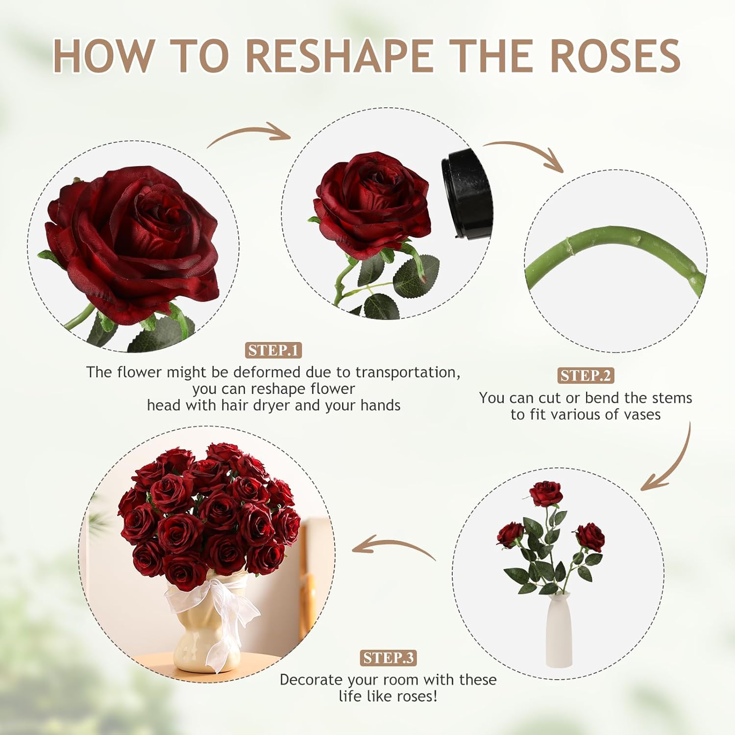 Kisflower 60 Pcs Burgundy Roses Artificial Flowers Bulk, Maroon Flowers Artificial Silk Roses with Stems for Decoration DIY Wedding Bouquet Bridal Shower Party Home Table Centerpieces Decor (Burgundy) - Image 8