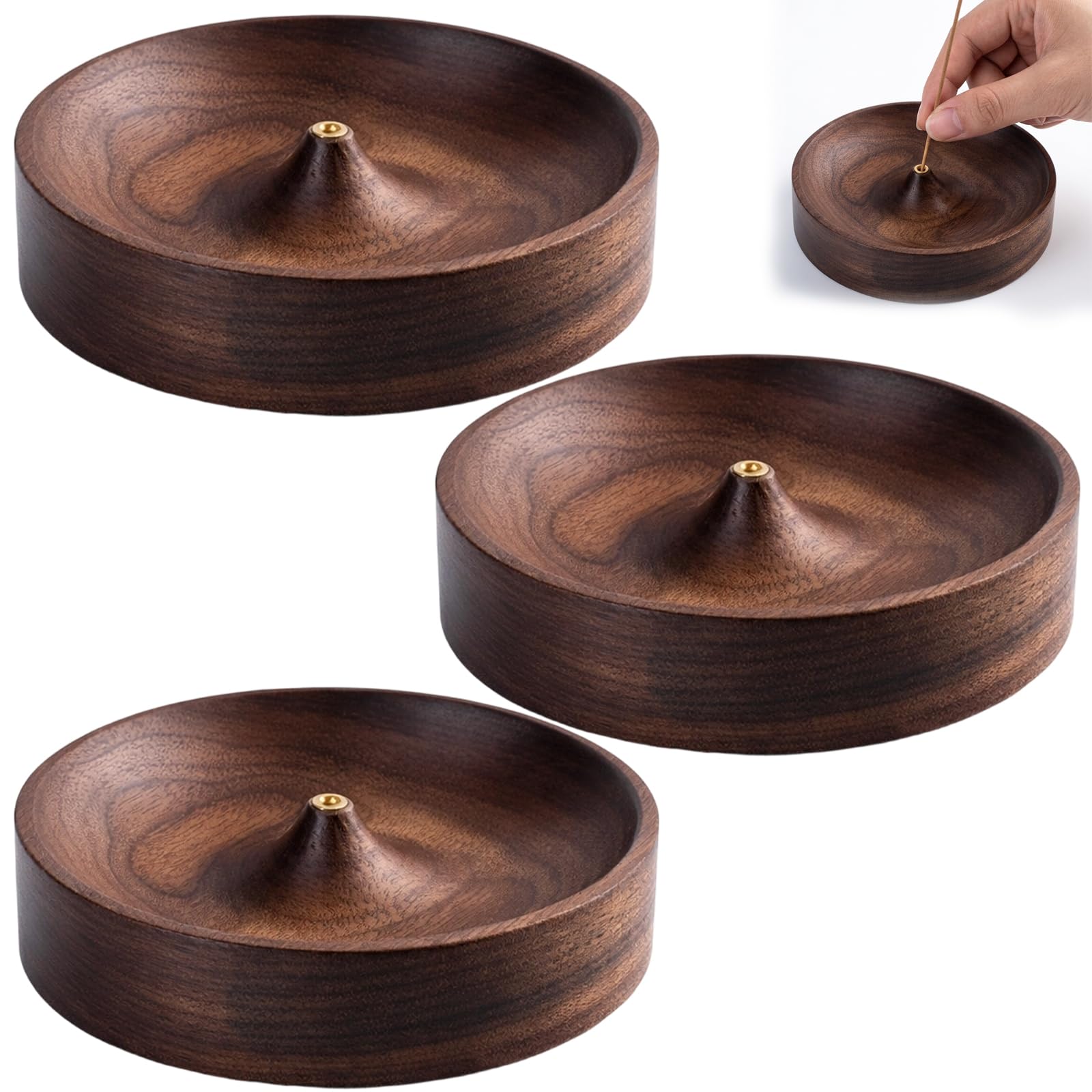 3Pcs Incense Holder, Set of Three Walnut Wood Incense Stick Holders for Yoga and Meditation, Home and Office Decor