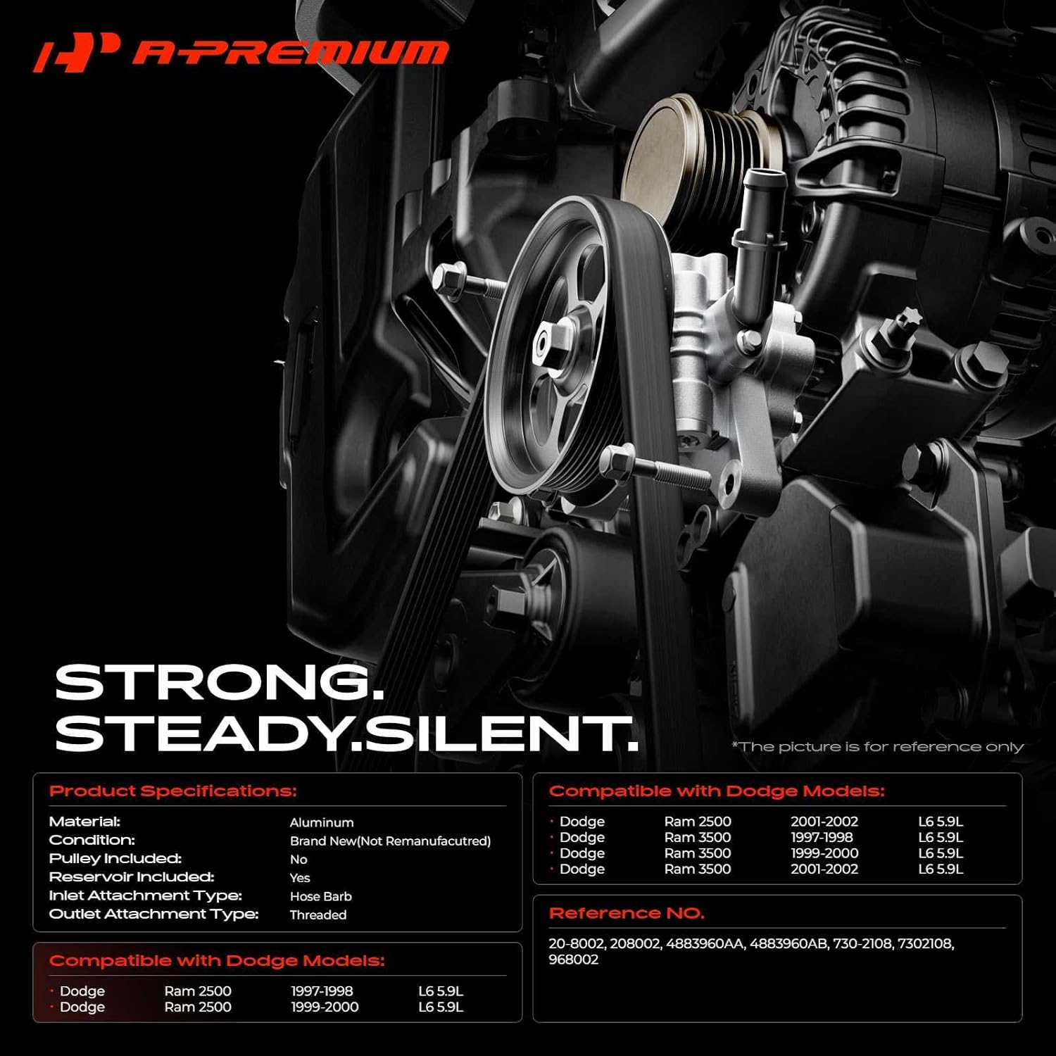 A-Premium Power Steering Pump, with Reservoir, Compatible with Dodge Ram 2500 1997-2002, Ram 3500 1997-2002, L6 5.9L Diesel, Replace # 4883960AA, 4883960AB