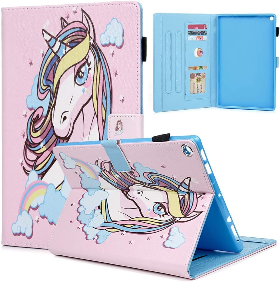 Case for All-New Amazon Fire HD 10 10"Tablet ,7th Generation,2017,Shockproof Smart Shell Standing Cover Card Slots & Pencil Holder with Auto Wake/Sleep for Fire HD 10.1 Inch Tablet Pink Unicorn