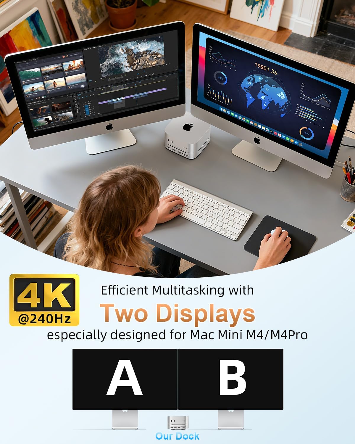Mac mini M4 Dock & Stand DisplayPort 8K@120Hz Hub for Mac mini M4/M4 Pro 2024 with 8TB NVMe SSD Enclosure, 10 in 1 with DP, 5*USB-A/C 10Gbps Ports, SD/TF, Audio for Mac mini M4, Mac mini M4 Pro