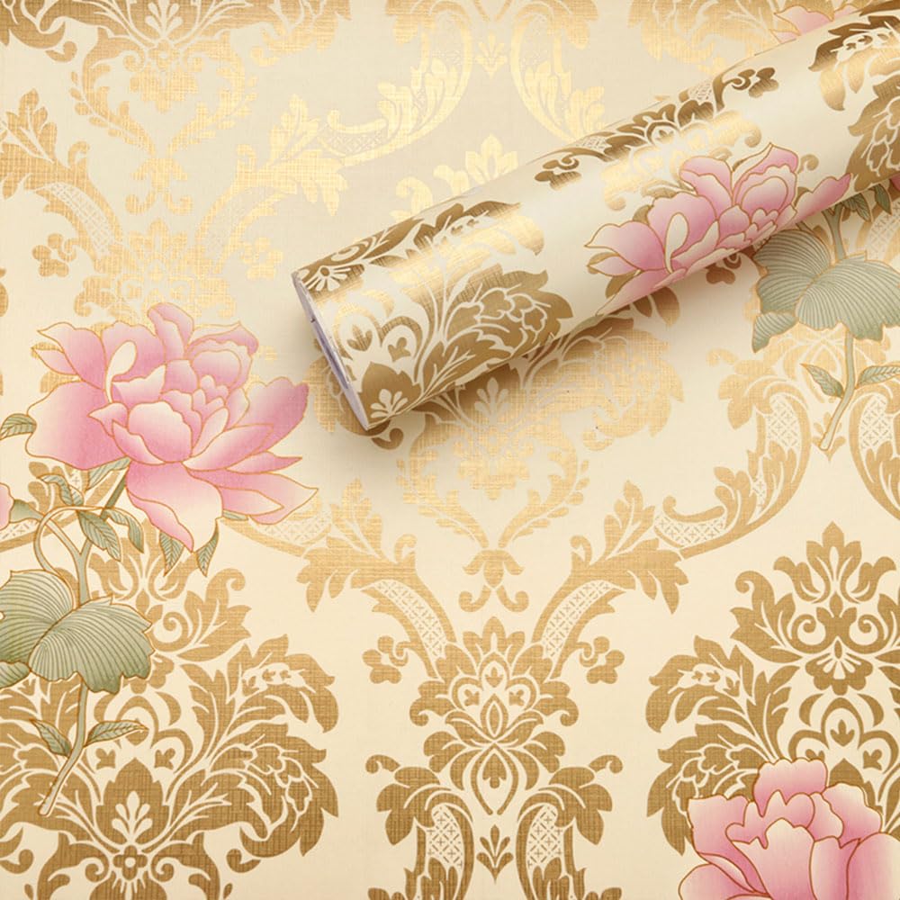 ZAMNEA Self-Adhesive Shelf Liners Paper, Removable Self Adhesive Shelf Liner Dresser Drawer Wall Stickers Home Decoration, Gold Pink Flower 17.8 x 118 Inches