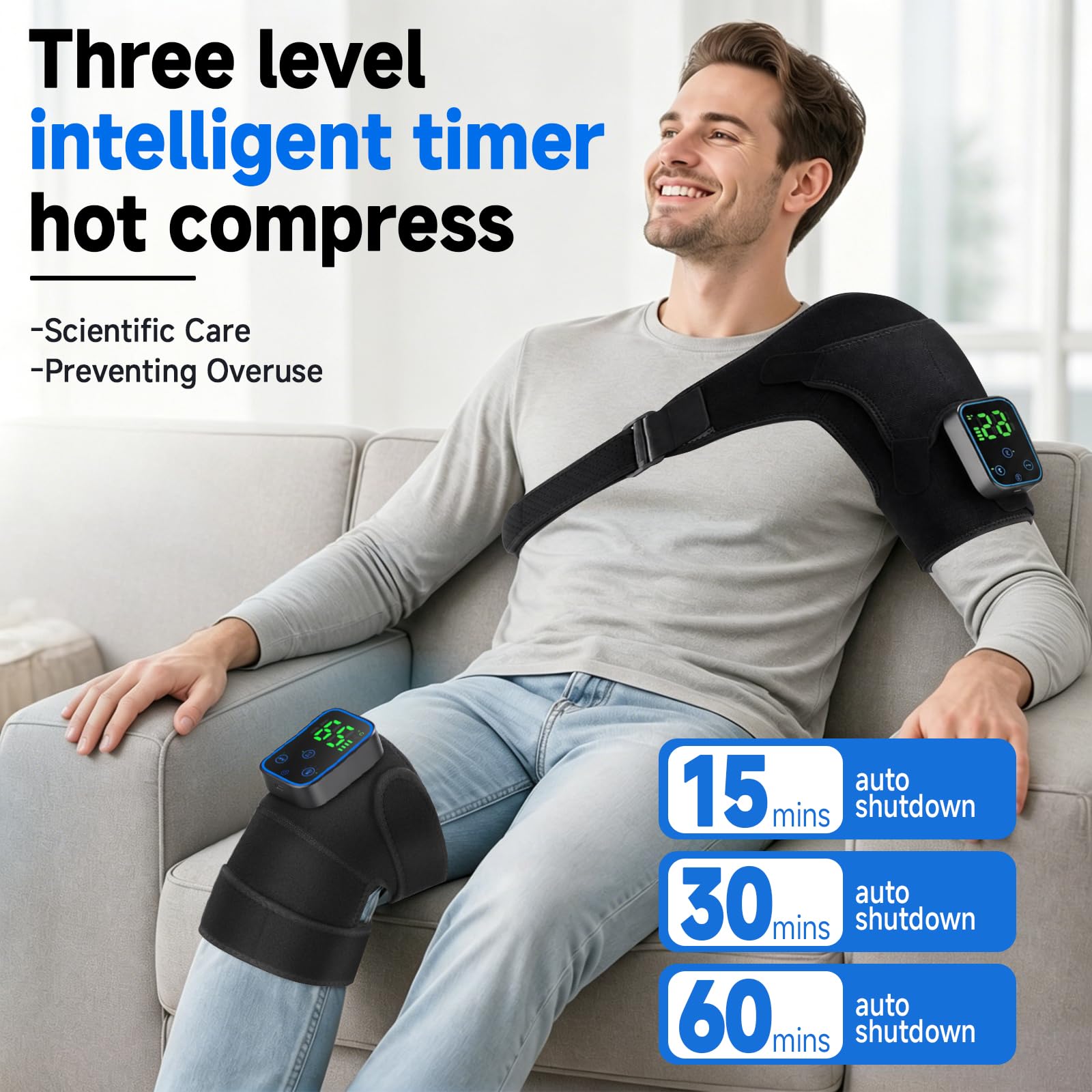 Triple méthode - Genouillère chauffante sans fil - Appareil de massage des épaules - Coussin chauffant pour genoux - Avec contrôle tactile - 5000 mAh - Minuterie à 3 niveaux