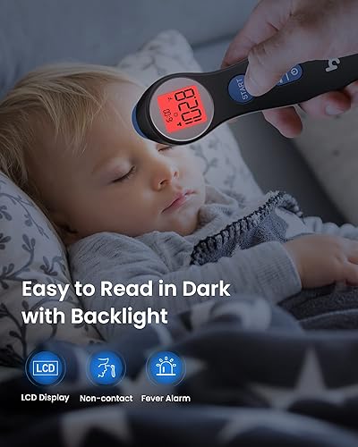 Vista 4 de Termómetro de frente para adultos y niños, termómetro digital sin contacto para bebés, bebés y niños pequeños, alarma de fiebre de 3 colores, Negro