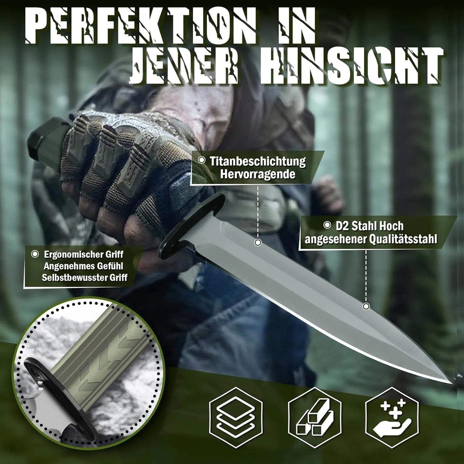 SMITH CHU Outdoor Messer Feststehend, Survival Messer für Trekking Camping, Kydex Scheide mit Schleifstein, Ergonomischer Griff, Grün Bushcraft Ausrüstung, Geschenke für Männer
