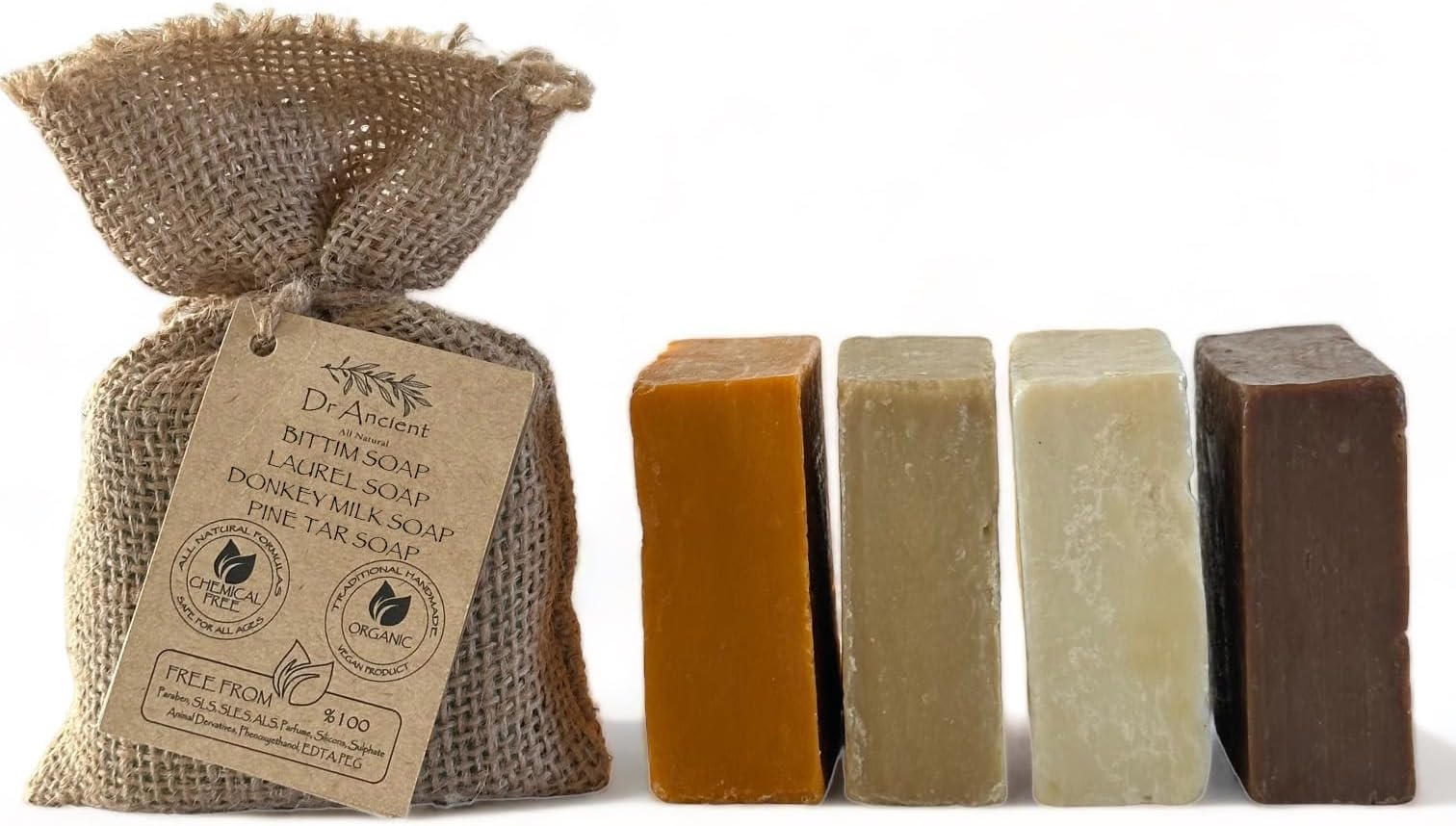 Dr.Ancient Donkey Milk Soap + Pine Tar Soap + Aleppo Soap + Bittim Soap Organic Natural Traditional Handmade Antique - Absolutely No Chemicals!