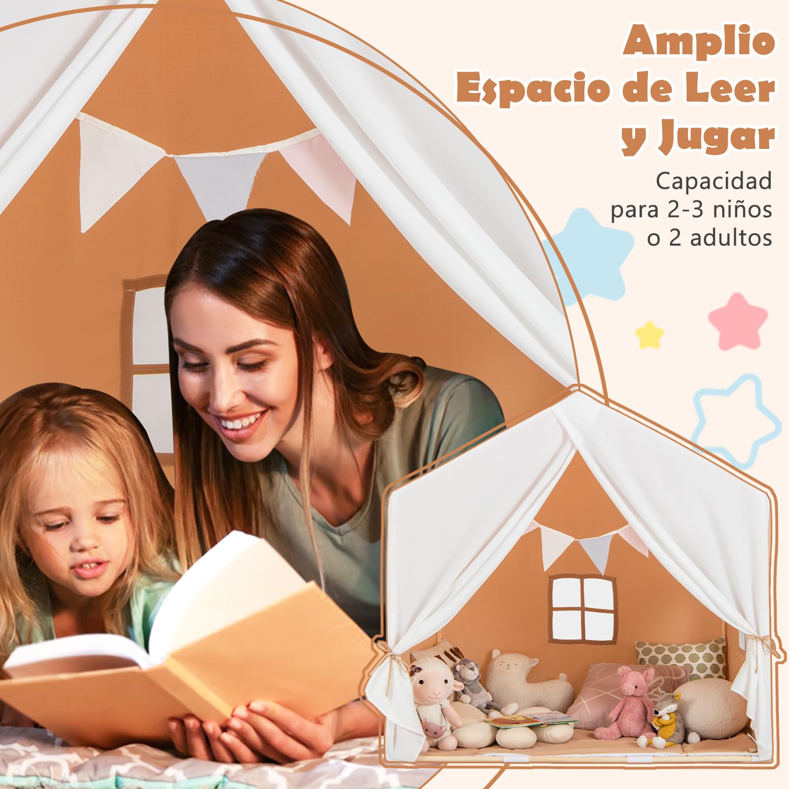 COSTWAY Tienda Campaña Infantil Niña, Carpa de Juegos Infantiles con Colchoneta Lavable y Banderín, Casita para Niños con Ventanas, Cortinas, Estructura de Madera para Niños 3+ Años (Marrón)