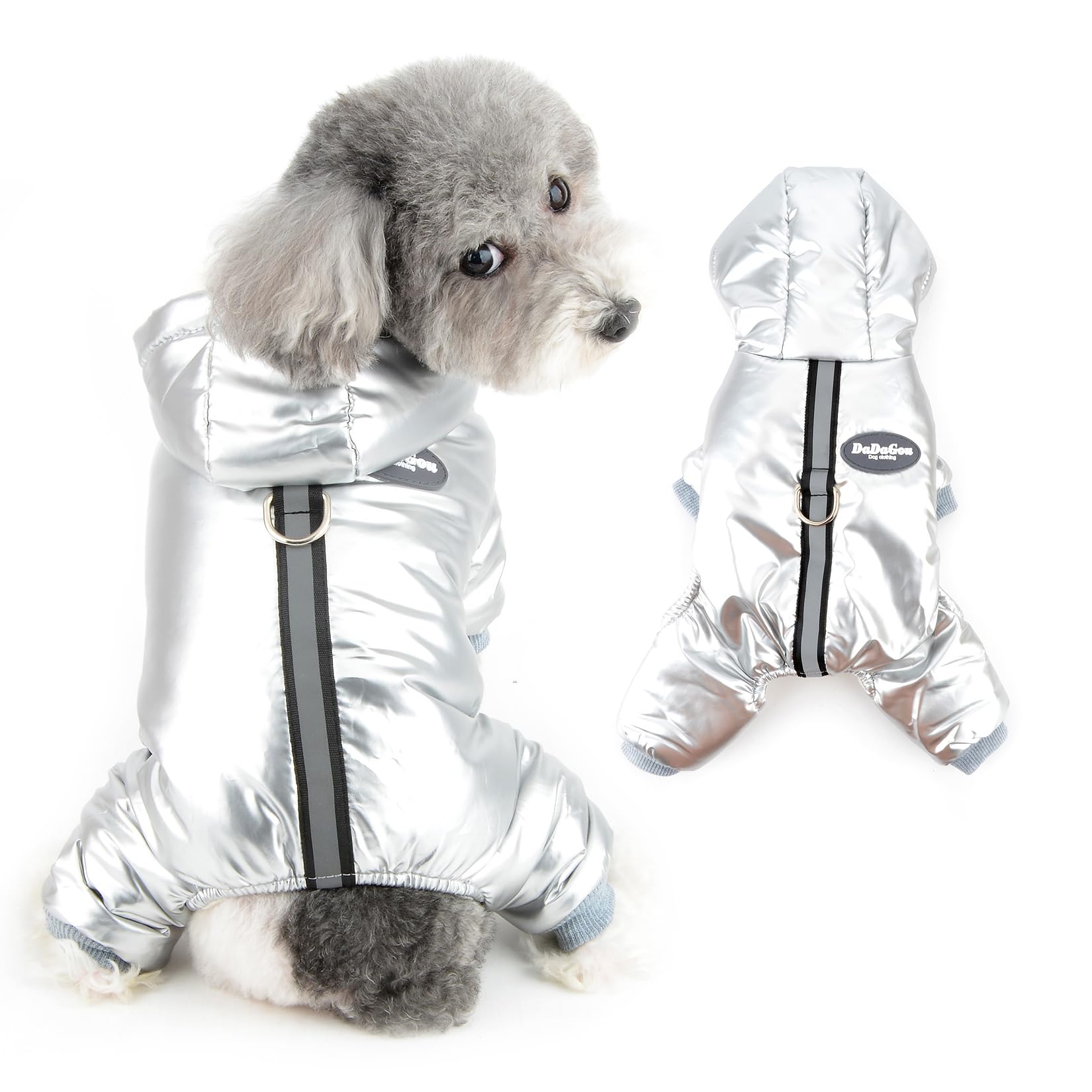 Ranphy Fleece Lined Dog Coat Hooded for Small Dog Waterproof Pet Jumpsuit with D-ring Warm Doggy Padded Reflective Strip Hoodie Puppy Jacket Winter Chihuahua Yorkie Cat Outdoor Snowsuit, Silver, XXL