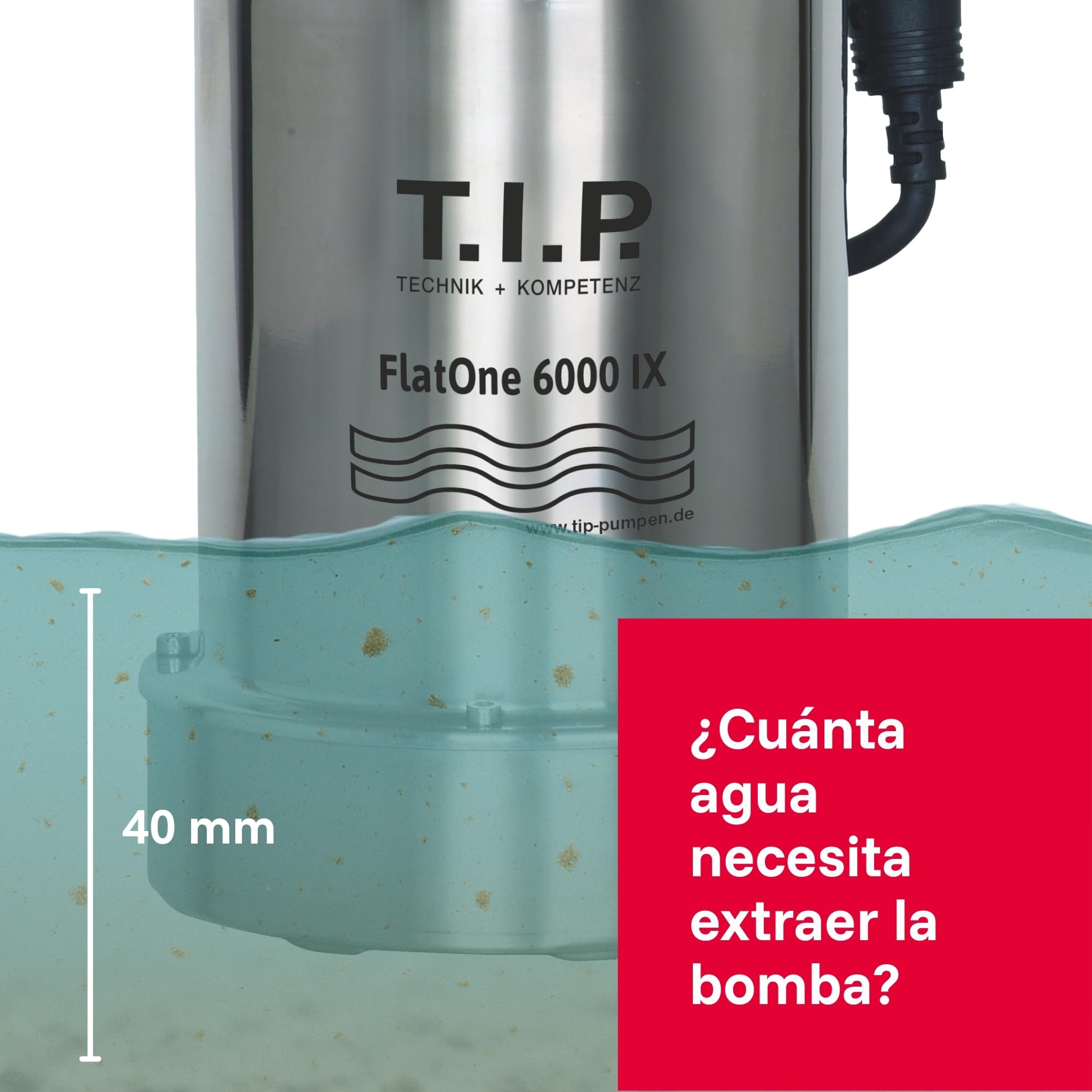 T.I.P. 30440 Bomba de desagüe y desagüe de piscinas FlatOne 6000 INOX, aspiración plana de hasta 1 mm, caudal de hasta 6.000 l/h, 22,5 x 16,5 x 27 cm