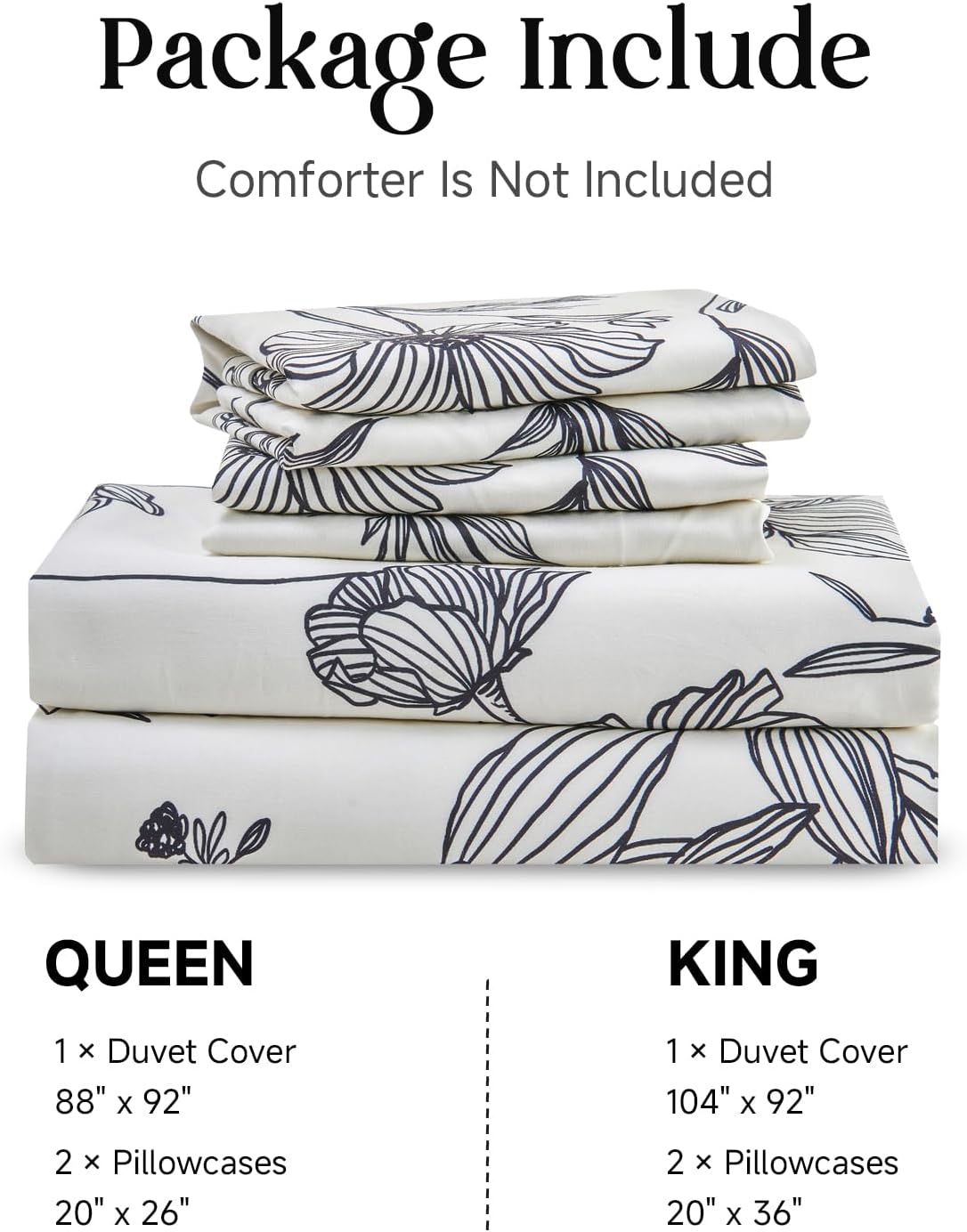 Simple&Opulence 100% Cotton Duvet Cover Set King Size, 3Pcs White Floral Botanical Printed Comforter Cover Set with Button Closure, Soft Breathable Bedding with Linen Trim for All Seasons