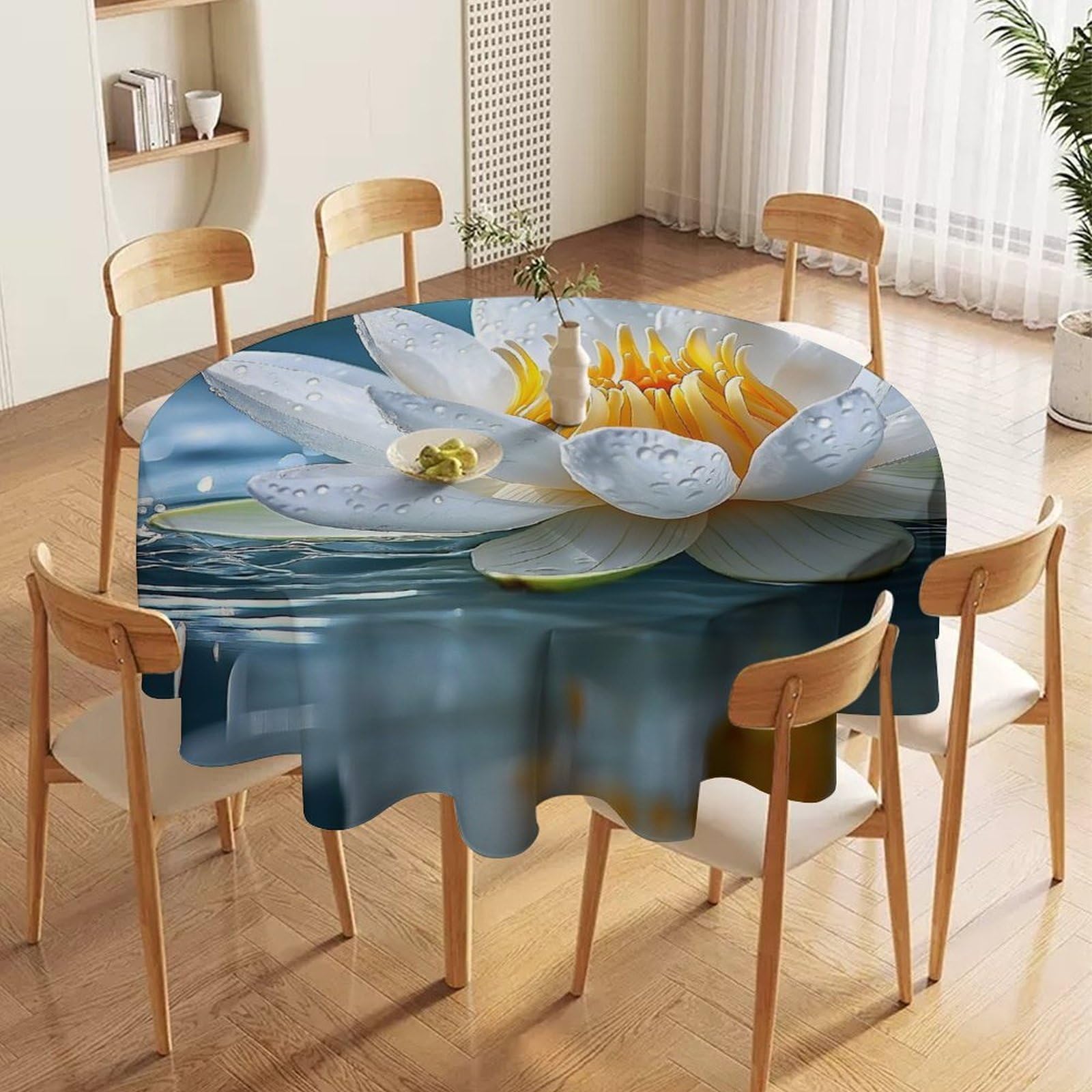ORDOBO 3D Print Round Tablecloth - Lotus Pattern Waterproof Dust-Proof 3D Print Table Cover For Dinner Kitchen Garden Fashion Home Countertop Decoration 177X177Cm